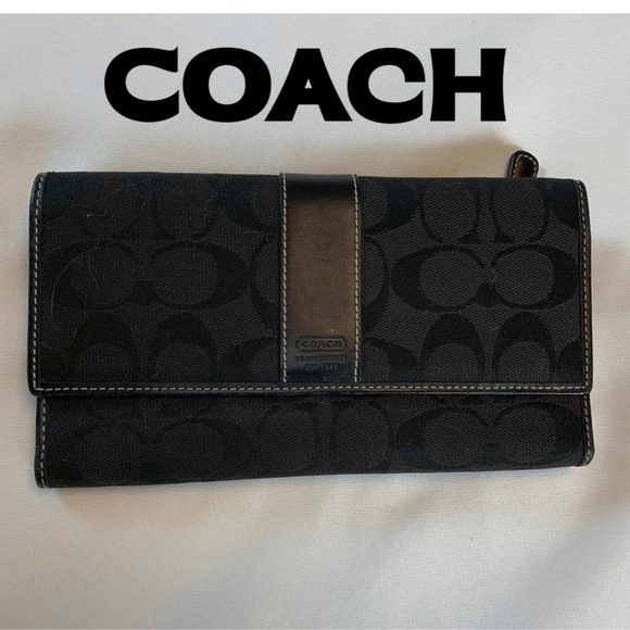 EUC Coach Trifold Wallet in Black Jacquard Fabric with Genuine Leather Accents! - Picture 1 of 11